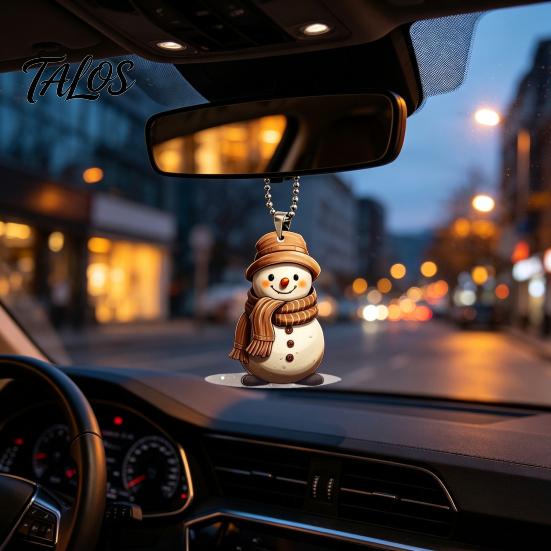 Unique Christmas Tree Ornament Cute Snowman Acrylic Pendant, 2D Flat Car Rearview Mirror Hanging Customized Accessory Decoration with Keychain