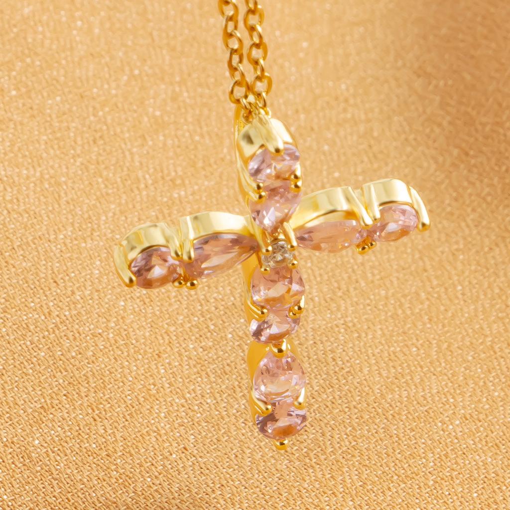Cubic Zirconia Cross Water Diamond Pendant for Women's Fashion Sexy Golden Hypoallergenic Jewelry Gift Party Banquet Necklace