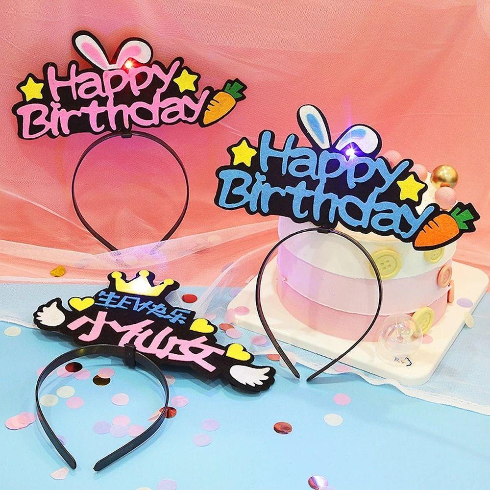 Rabbit Ear Stars Balloon Crown Luminous Hair Hoop Happy Birthday Headbands LED Light Headdress