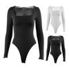 Women Bodysuit Solid Color Square Neck Slim Fit Sexy Lady Playsuit Daily Clothes
