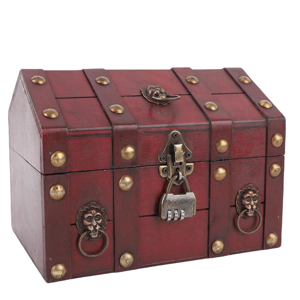 Vintage Wooden Jewelry Storage Box Decorative Trinket Chest Organizer with Hinged Lid Password Lock