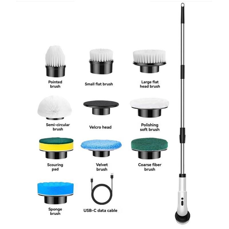 9 Replaceable Brush Heads Electric Scrubber Cordless Cleaning Brush With IPX7 Waterproof Adjustable & Detachable Long Handle