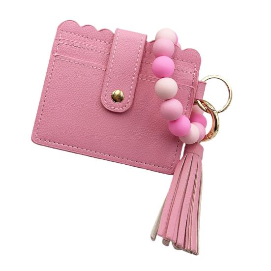 Silicone Bracelet Keychain Wallet Beaded Wristlet Credit Card Holder with Tassel Slim Card Wallet with ID
