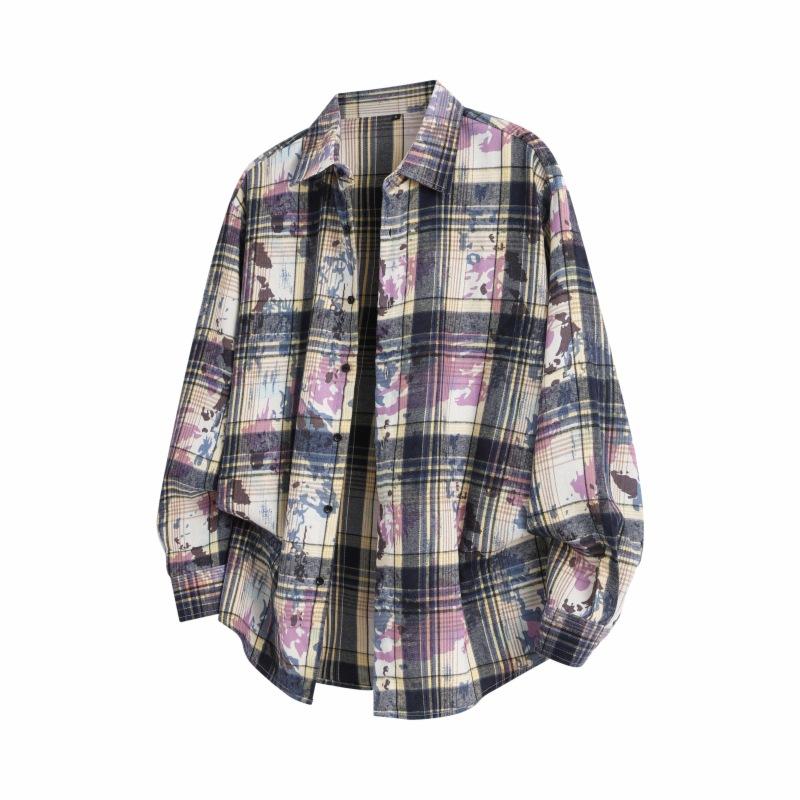 Spring And Autumn Men'S Plaid Tie-Dye Long Sleeve Shirt Men'S Casual Loose Shirt Jacket