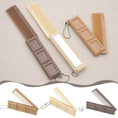New 2-in-1 Folding Comb Chocolate-Shaped with Mirror Keychains Mini Portable Hair Comb Gift