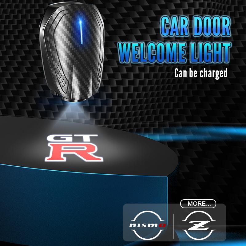 CGANEI1 2PCS Z Nismo GTR Logo Emblem Universal LED Car HD Door Light Courtesy Projector Lamp USB Rechargeable For Nissan Teana 350Z 370Z