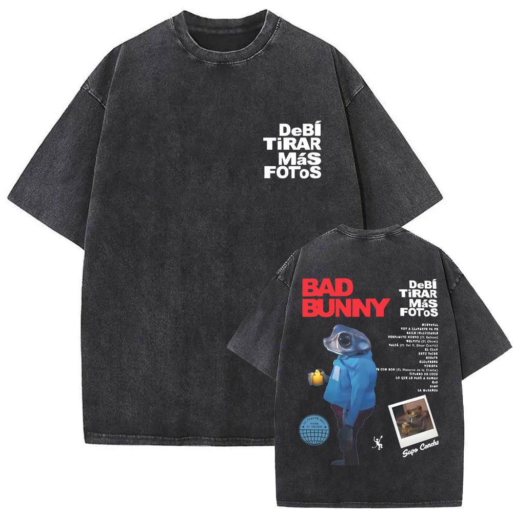 Camiseta Gráfica de Rapper Vintage Lavada Cara de Bad Bunny DeBi TiRAR MaS FOToS Impresión DTMF Camisetas Hombre Hip Hop Retro Camiseta Oversize