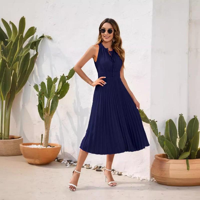 Womens Sleeveless High-Waist Pleated A-Line Maxi Dress With Pompom Detail Casual Vacation