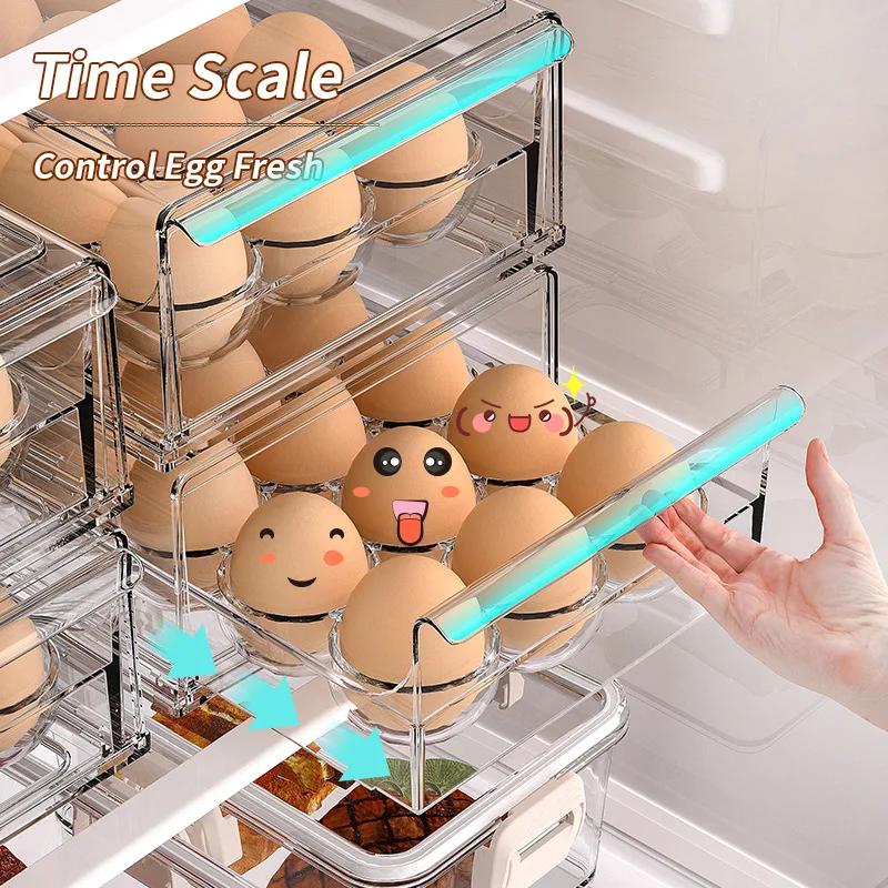 12/18 Grid Drawer Style Egg Holder Food Grade Stackable Fresh Keeping Box Kitchen Fridge Household Egg Storage Organizer Shelf