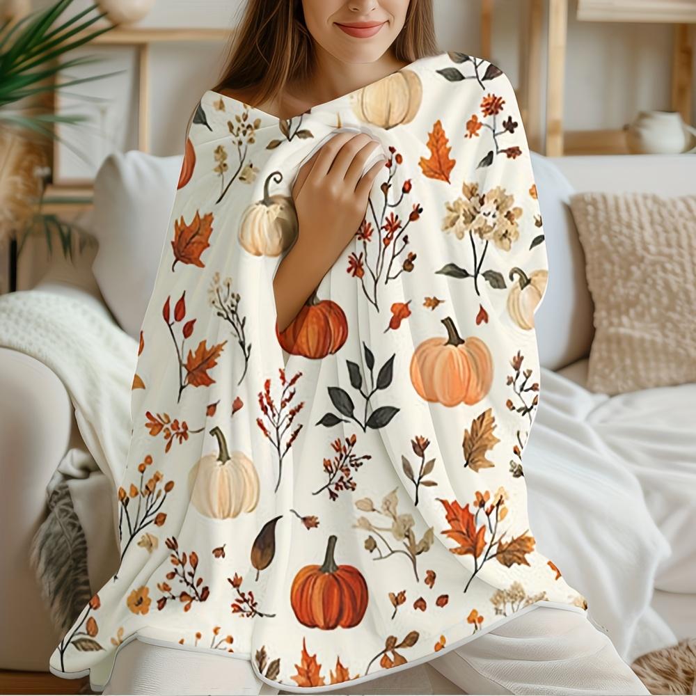 1 Pc Four Season Flannel Blanket Soft Beige Pumpkin Autumn Leaf Prints Light Sofa Bed Decor Holiday Gift Machine Washable Retro