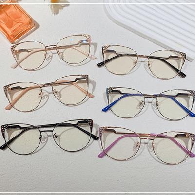Anti Blue Light Glasses Cat Eye Vintage Diamond Metal Frame Women Optical Flat Mirror Eyewear