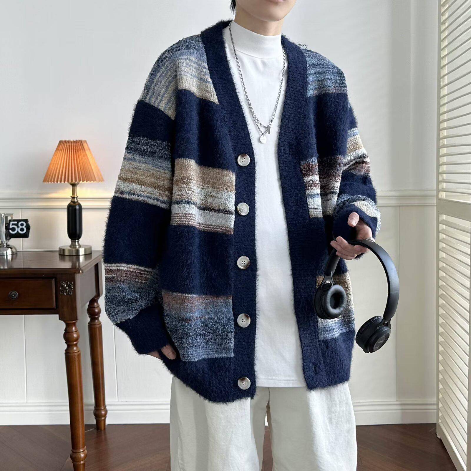 Осенний мужской полосатый градиентный кардиган-свитер Large