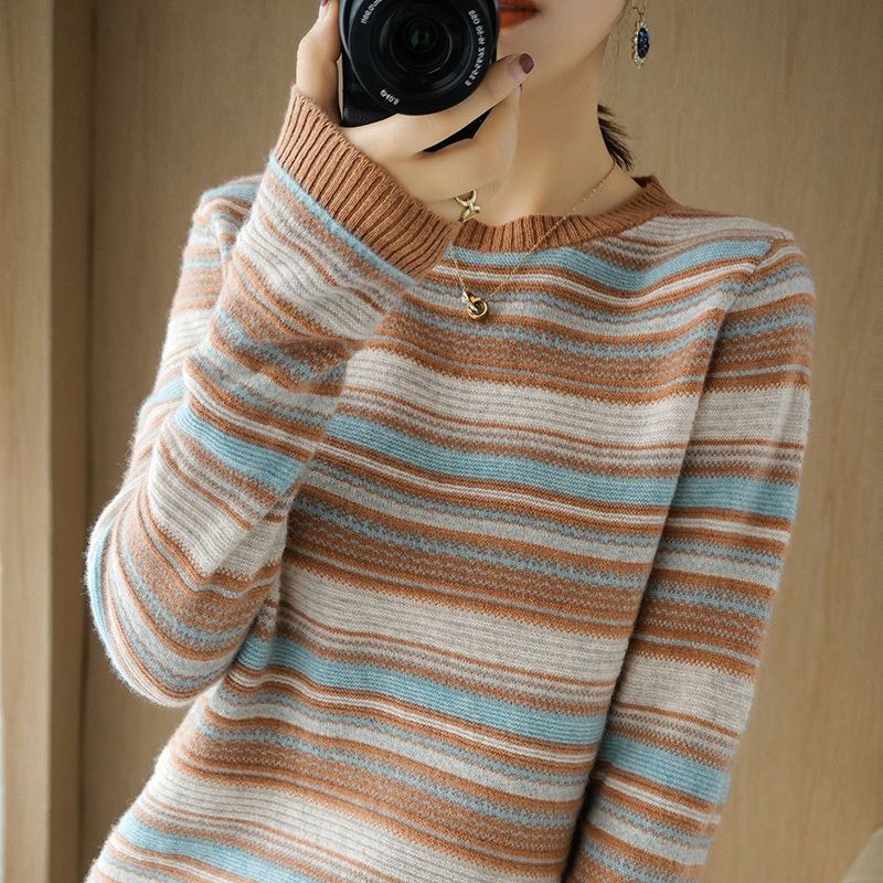 

Rainbow Sweater for Women s Autumn and Winter Loose Korean-style Pullover Top Large-sized Striped Knitted Sweater 2XL хаки