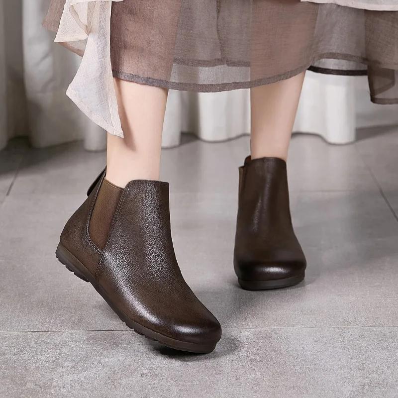 Johnature Solid Color Genuine Leather Flat Ankle Boots Round Toe Soft Soled Slip-on Women's Shoes