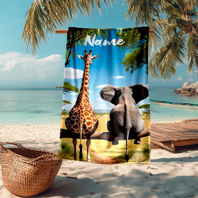Custom Name Ultra-Soft Beach Towel with Elephant giraffe Theme,Ideal for Pool - Camping, Diving - Perfect Travel Essential, Vibrant Beach Towel.