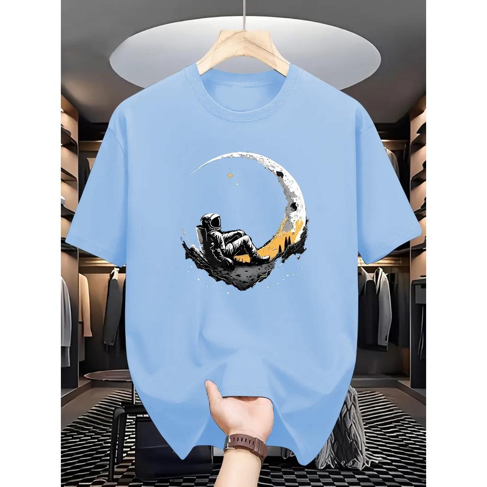 Camiseta Casual de Manga Corta para Hombre de Algodón 100% Puro, Corte Holgado, Estampado de Astronauta Iniciando Sesión y Luna, Cómoda, Cuello Redondo