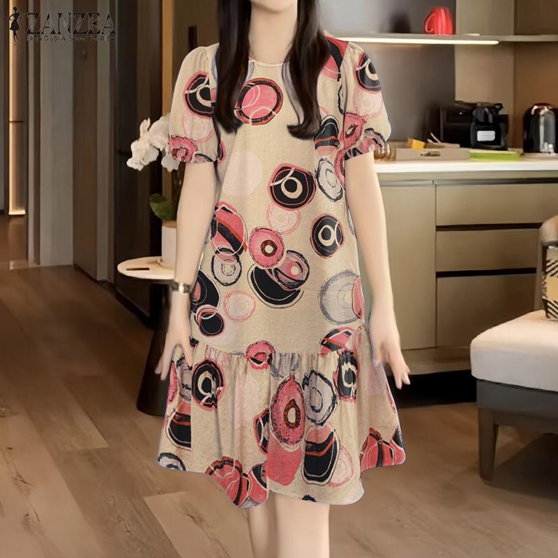ZANZEA Women Casual Round Neck Short Sleeve Loose Summer Print Dress