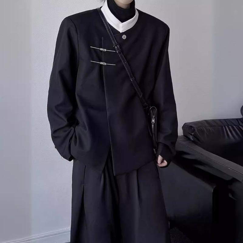 New Chinese Style Stand-up Collar Shoulder Pad Blazer Autumn Men's Omen's Trendy Niche Design Metal Buckle Casual Couple's Suit