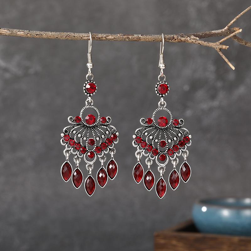 Ethnic Boho Vintage Drop Earrings For Women Geometric Hollow Crystal Blue Red Green Black Dangle Bohemian Wedding Earings Bijoux