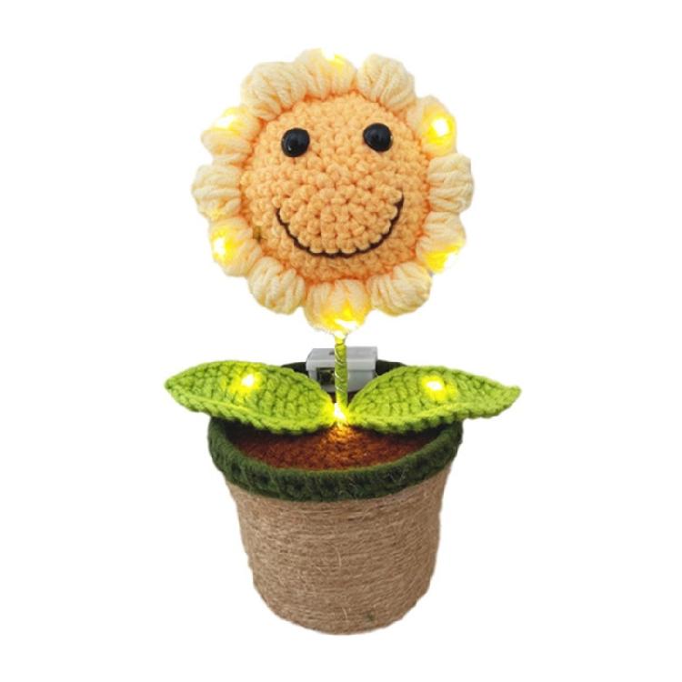 Crocheted Smiling Sunflowers Potted Plant Home Decors Ornament with LED Light for Mother Day Teacher Appreciation Gift