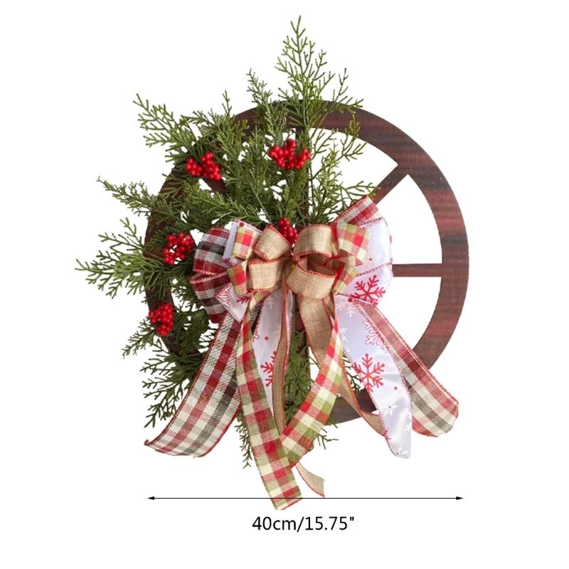 Christmas Wooden Wagon Wheel Wreath Simulation Winter Themed Party Bar Door