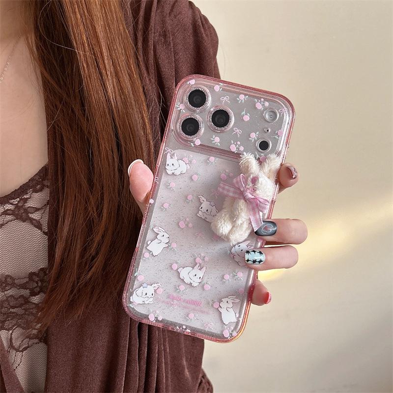 iPhone 17/16 Pro Max/15/14 Case - Glitter Flowers & Rabbits Design for Girls