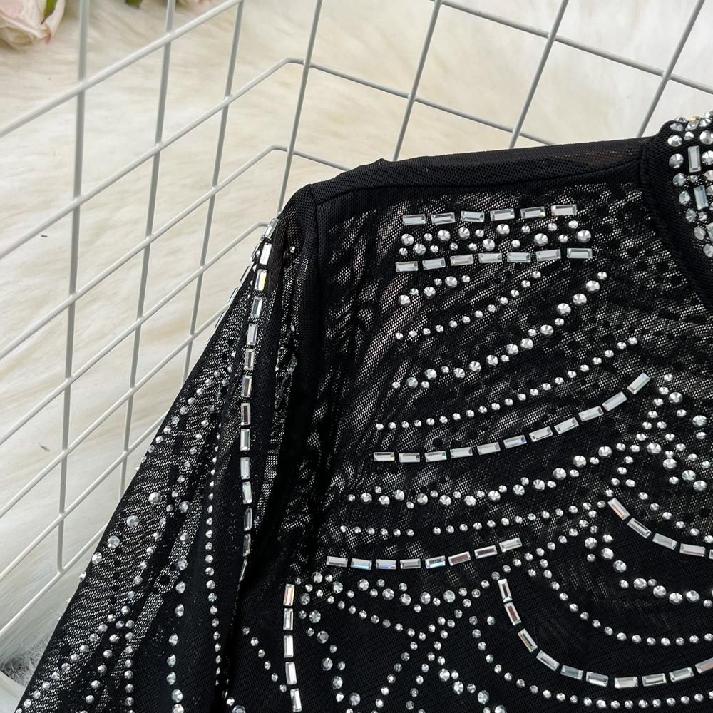 Fashion Suit, Fashion Long-sleeved Stand-up Collar, Slim-fitting Diamond-encrusted Short Top, Two-piece Set, High-waisted Fishtail Skirt.