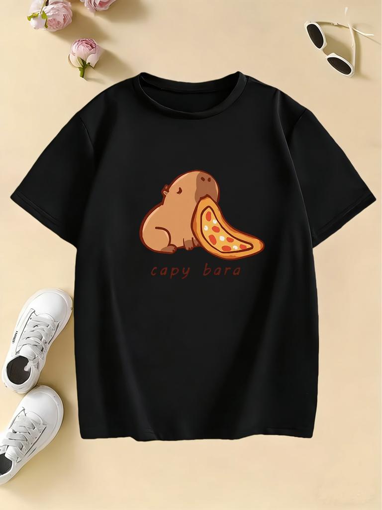 Cartoon Capybara Eating Food Print Trendy T Shirts Manga Kids Childrens Tshirt Boys Girls Summer Spring Casual Top Tee Shirt