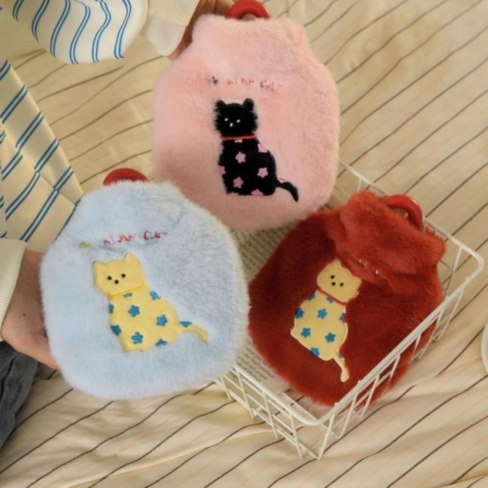 Handheld Warm Water Bag Kitten Embroidery Water-filling Bottle Cute Hand Warmers Belly Warmer