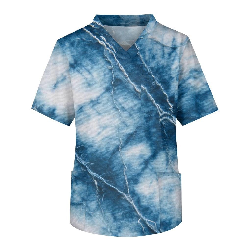 Herrtryck Kortärmad V-ringad Arbetsblus Bröstficka Vårdgivartopp