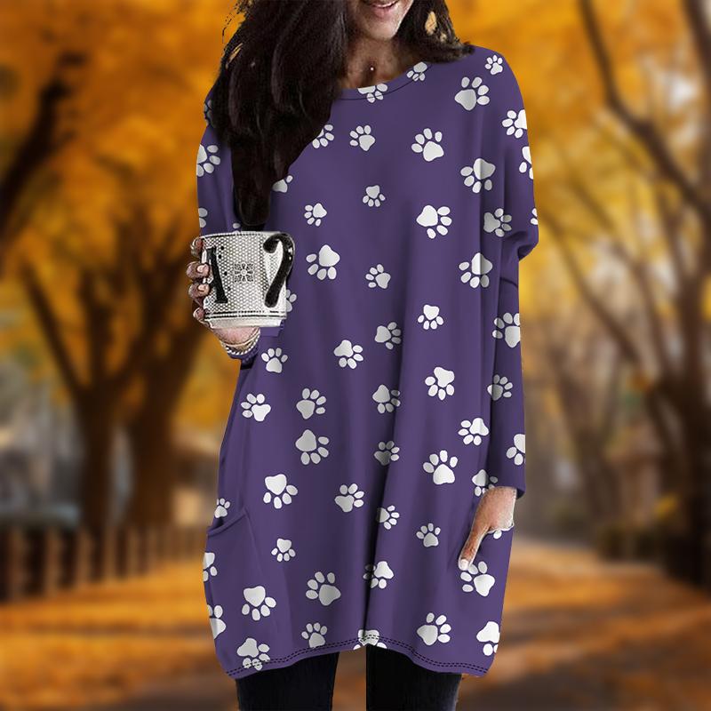New In Autumn Solid Color Dog Paw Print Plus Size Dress Women O'neck Long Sleeves Casual Pocket Dresses