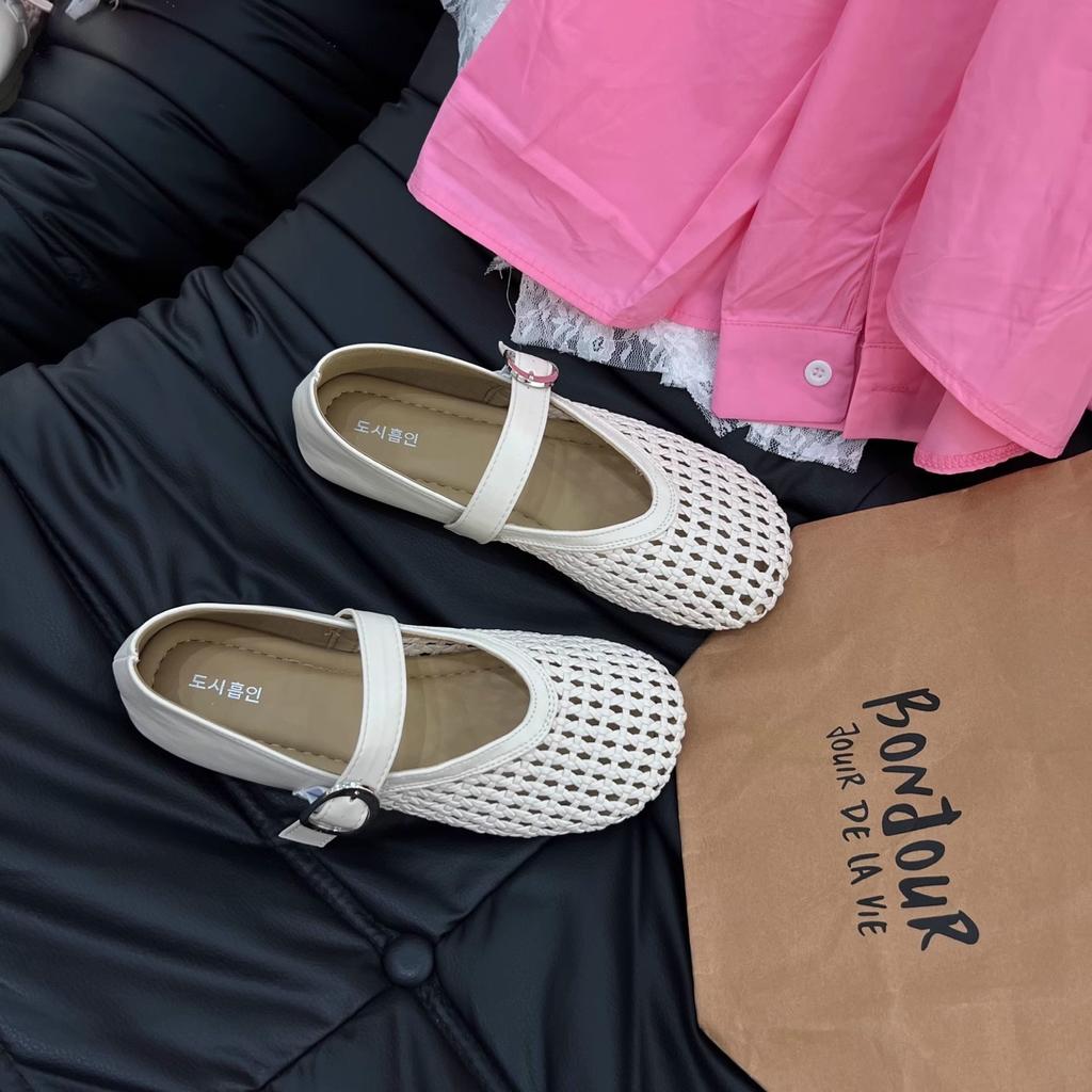 Soft Leather Version Woven Mary Jane Shoes Women's Summer and Korean Version Versatile Flat Bottom Hollow Buckle Soft Bottom Shallow Mouth Sports and