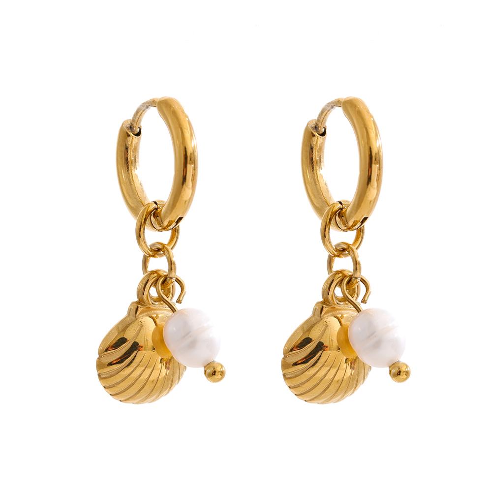 

Yhpup Ocean Series Stainless Steel Natural Pearl Metal Shell Drop Hoop Earrings High Quality Charm Daily Jewelry Accessories