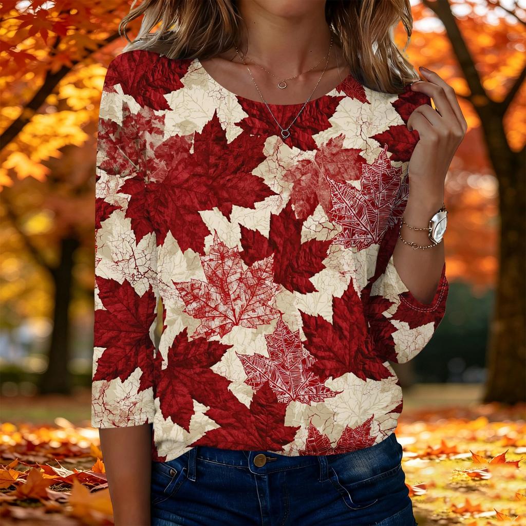 Women's Fashion Casual Three-Quarter Sleeve Round Neck Top with Leaf Print