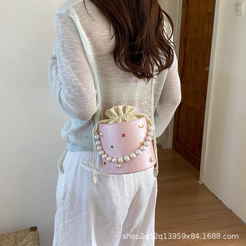 Feel small bag women's new pumping belt bucket bag women's casual chain bag beaded shoulder messenger bag