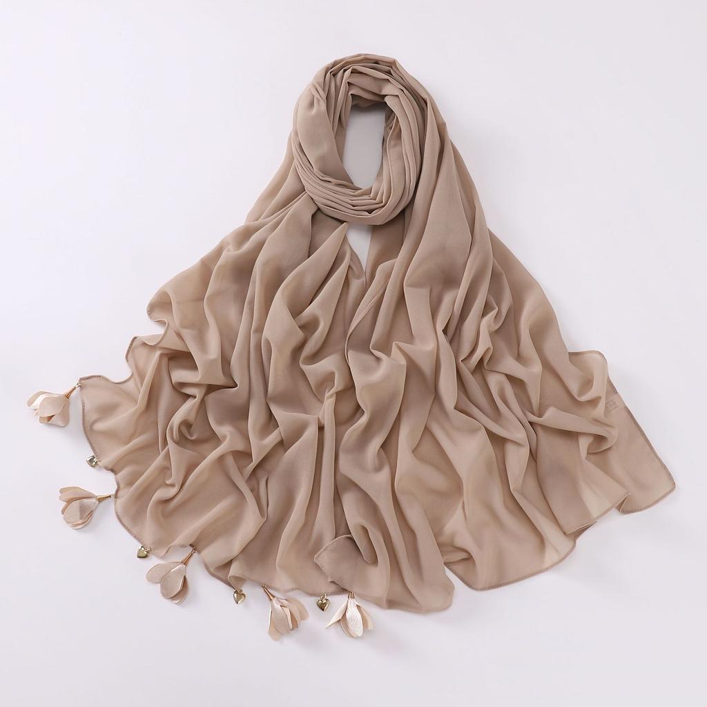 Handmade Alloy Love Flower Chiffon Hijab Beads Scarves Plain Shawls Women Sunscreen Headscarf Head Wrap Hijabs Ramadan Turban