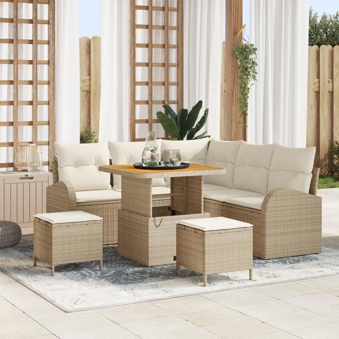Ensemble de canapé de jardin 8 pièces avec coussins beige en poly rattan acacia, Canapé de jardin 2 places avec coussins 3362386
