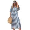 Women Dress V Neck Three Quarter Bubble Sleeve Geometric Print Loose Patchwork A-line Big Hem Flowy