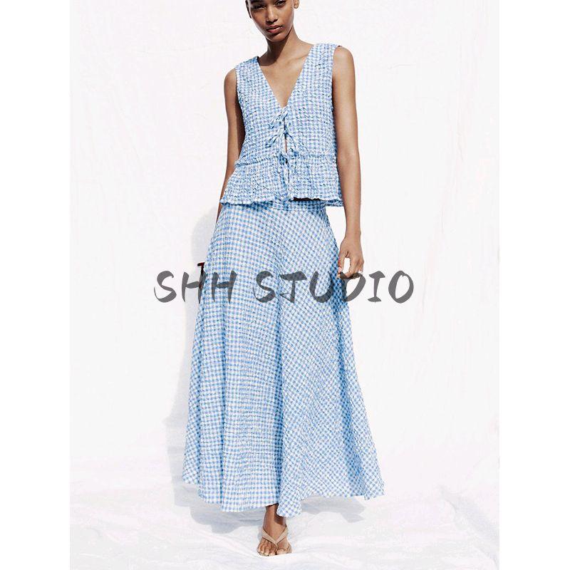 Bows Series Elegance Sleeveless V Neck Tops 8741094 Small Plaid Midi Skirt Cape Skirt 8741804