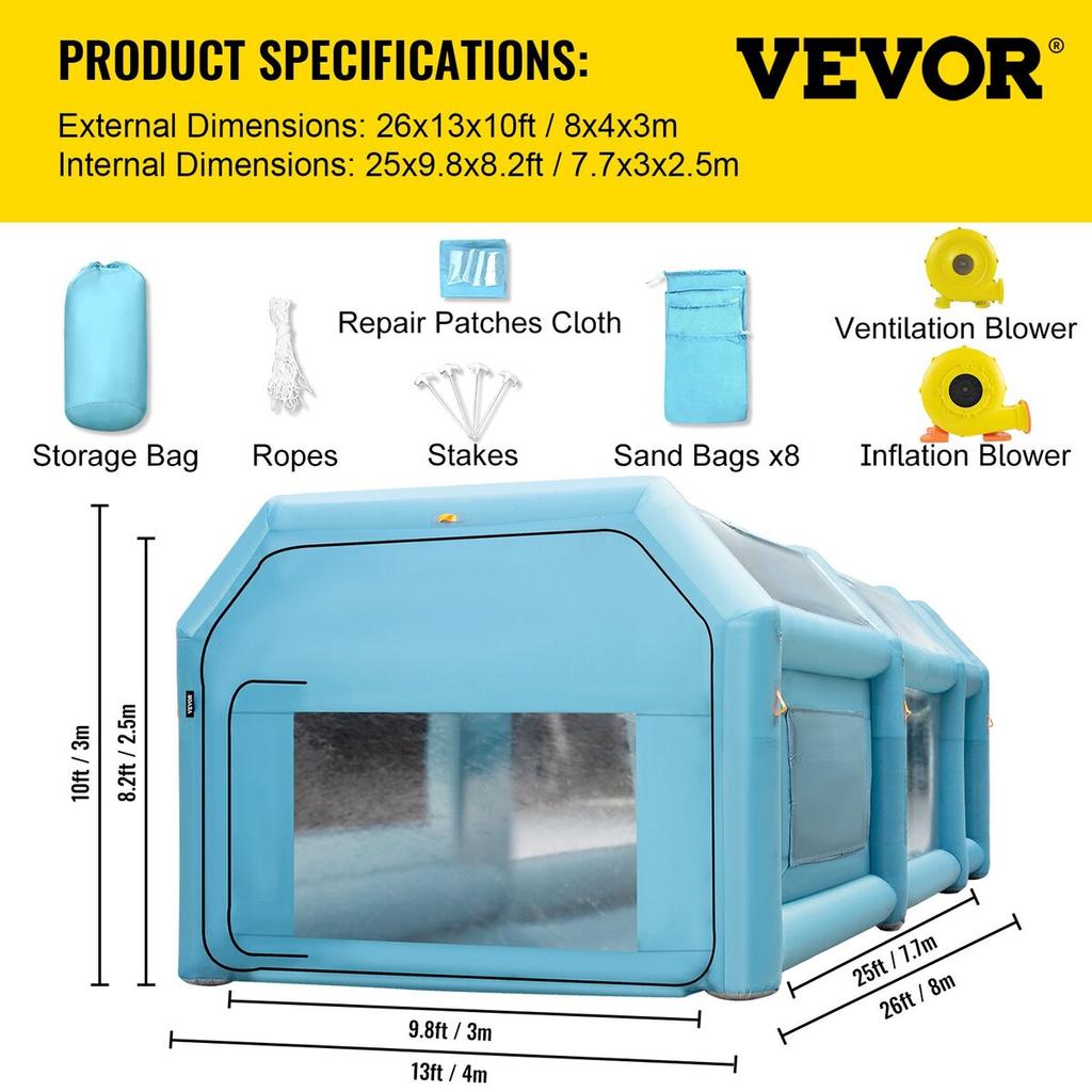 Portable Inflatable Paint Booth, 26x15x10ft Inflatable Spray Booth, Car Paint Tent w/ Air Filter System & 2 Blowers, Upgraded Blow Up Spray Booth