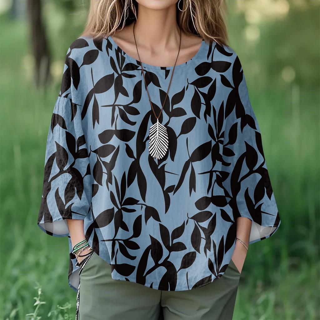 Summer Tops For Women Cute O Neck 3/4 Sleeve Blouses Floral Print Top Casual Shirts