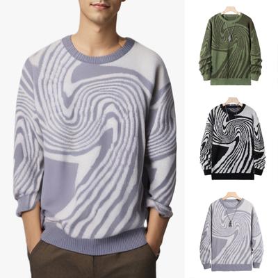 Pánsky jesenný zimný sveter Kontrastná farba Geometrický pruhovaný žakár Okrúhly výstrih Pletený Dlhý rukáv Hrubý základný sveter na každodennú prácu do školy