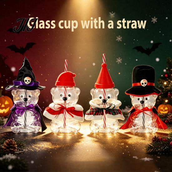 Decorative Glassware for Home Decor 20oz Bear Straw Cup, Cute Bears Glass Cup with Straw, Reusable Novelty Gift Christmas And Halloween Tumbler