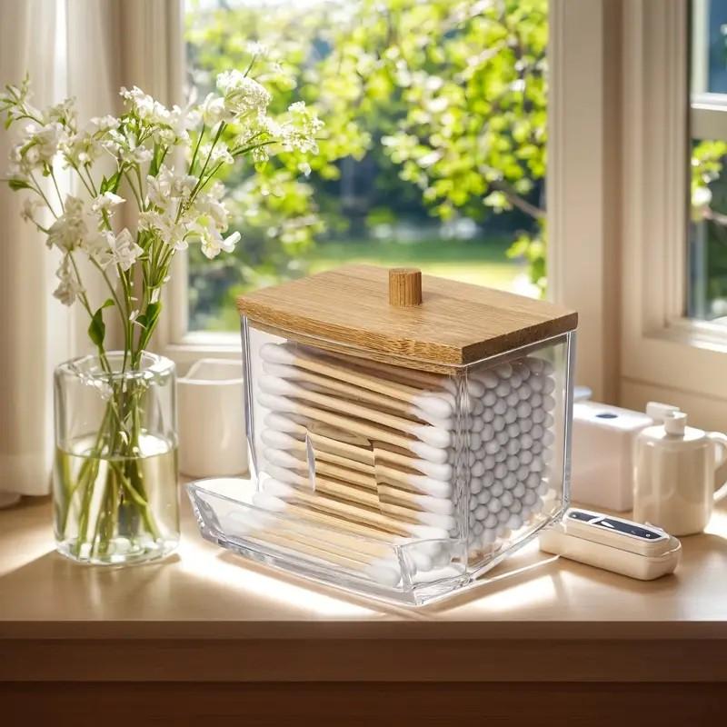 Cotton Swab Box Transparent Bamboo Cover Dustproof Cotton Swab Toothpick Storage Box Multi-Purpose Visible Dispenser