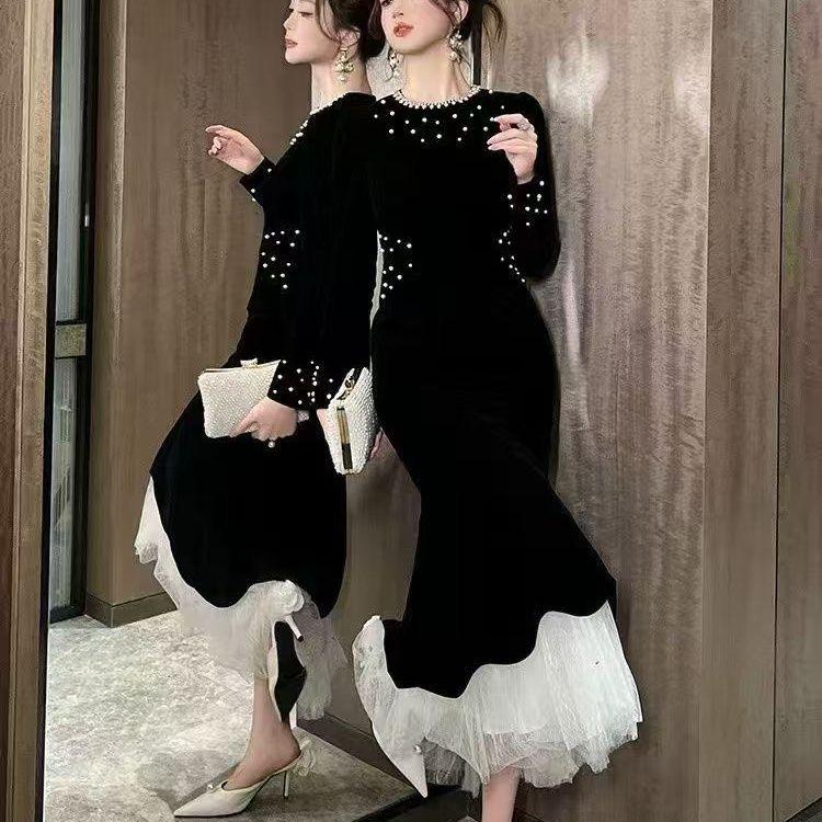 Бархатное платье-русалка в стиле Хепберн - Весна 2025 Высококлассная женская коллекция 2XL (100-120 jin)