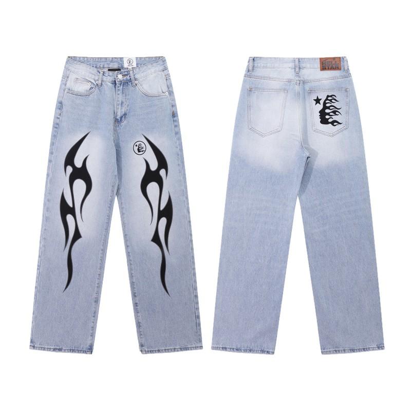 Mens High Street Graffiti Jeans Vintage Washed Slightly Flared Long Pants