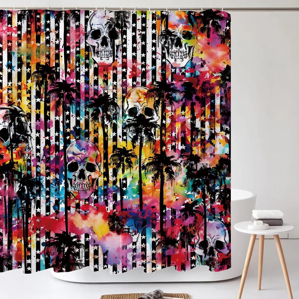 Personality Flowers And Horror Skeleton Skull Shower Curtain Polyster Fabric Home Decor Halloween Bathroom Curtain With Hooks