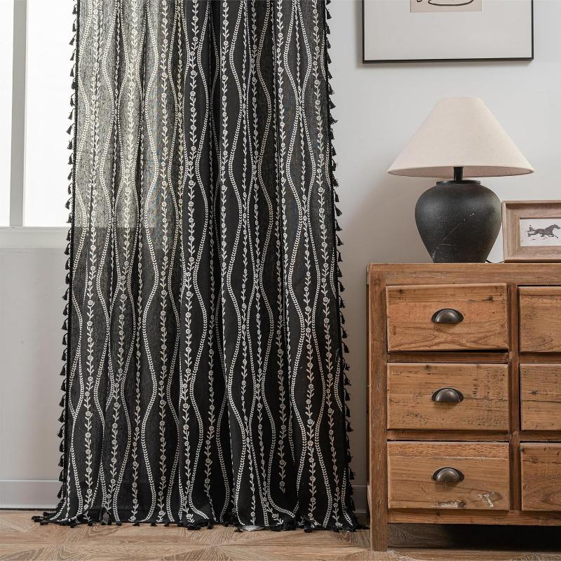 Pruhované Květinové Boho Závěsy do Ložnice Obývacího Pokoje, Bohémské Vintage Střapce Okenní Dekorace Závěs pro Domácí Dekorace Kapsa na Tyč, 1ks