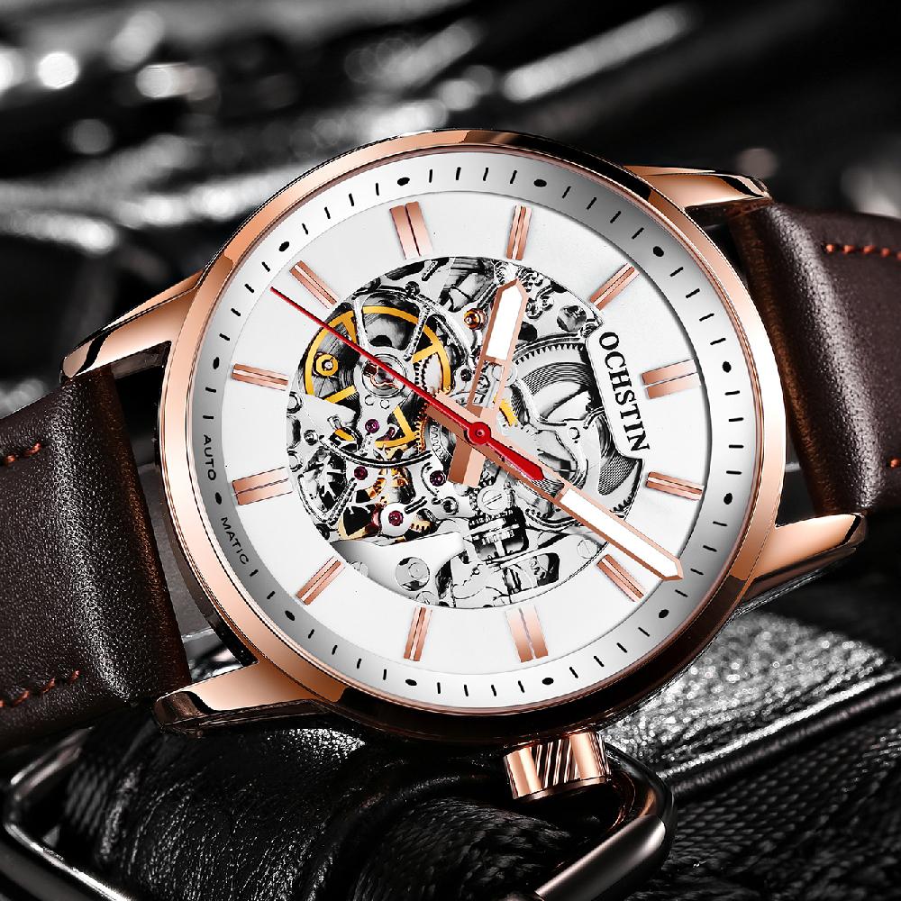 OCHSTIN Mechanical Watch Men Skeleton Steampunk Automatic Self Wind Classic Leather Strap Luminous Male Wristwatch Reloj Hombre
