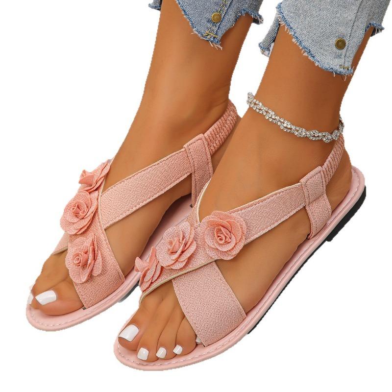 Women's Wide Width Cross Strap Flat Sandals - Embroidered Floral Slide Sandals with Wide Band, Open Toe Beach Flip Flops